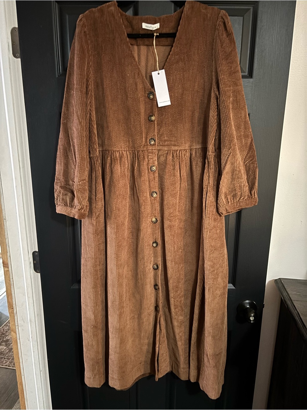 NWT Neuflora deep brown midi corduroy button-down dress
